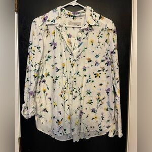 LOFT Women's Floral Button Down Shirt - White with Purple and Yellow
